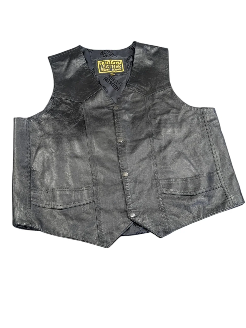 Hudson Leather Black Leather Snap-Front Vest W Pockets. 4XL